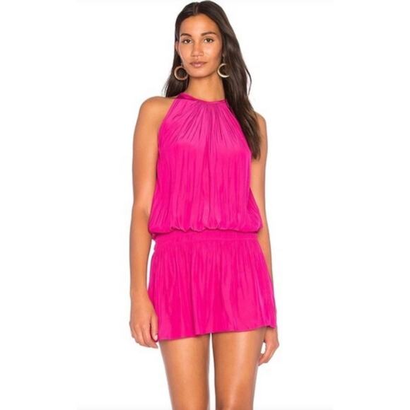 RAMY BROOK Paris‎ Smocked Jewel Neck Halter Sleeveless Mini Dress Pink-Size L - Picture 1 of 8